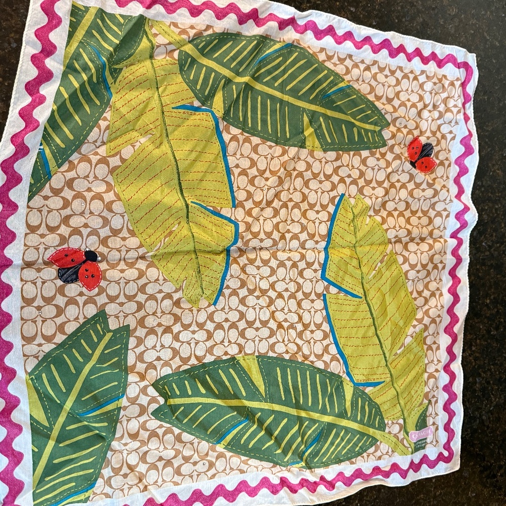 Coach Limited Edition Ladybug Leaf Signature C Scarf with Pink Ric Rac boarder